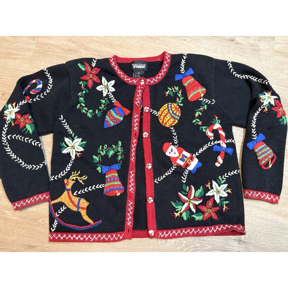 Vintage Knit Christmas Sweater Cardigan Womens M Toys Theme Granny